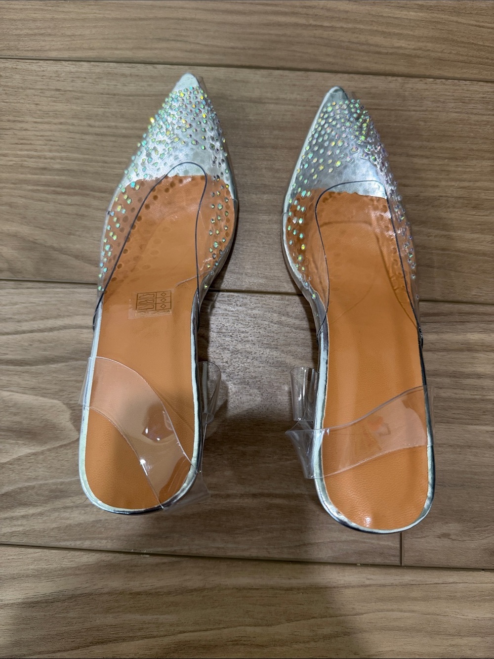 Clear Pointed Toe Slingback Heels with Iridescent Rhinestones - Picture 2 of 6